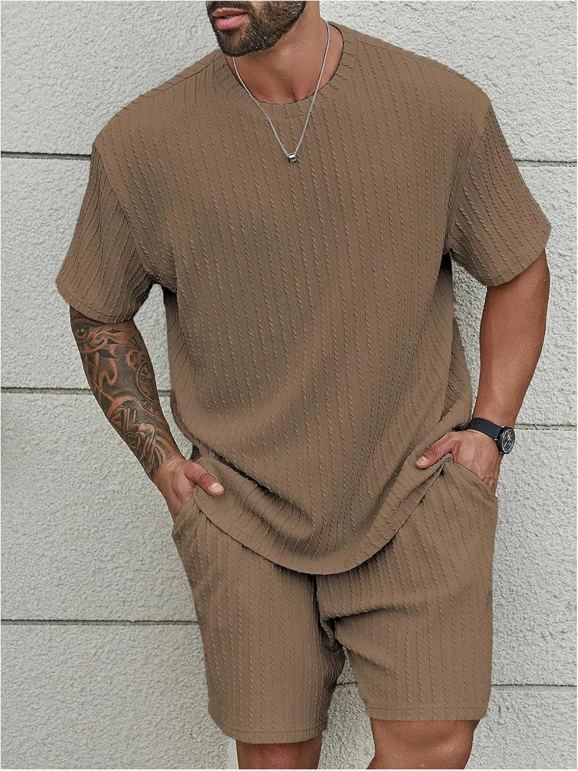 Men's 2 Piece Outfits Textured Drop Shoulder T Shirt and Short Sets Summer Outfits Tracksuit