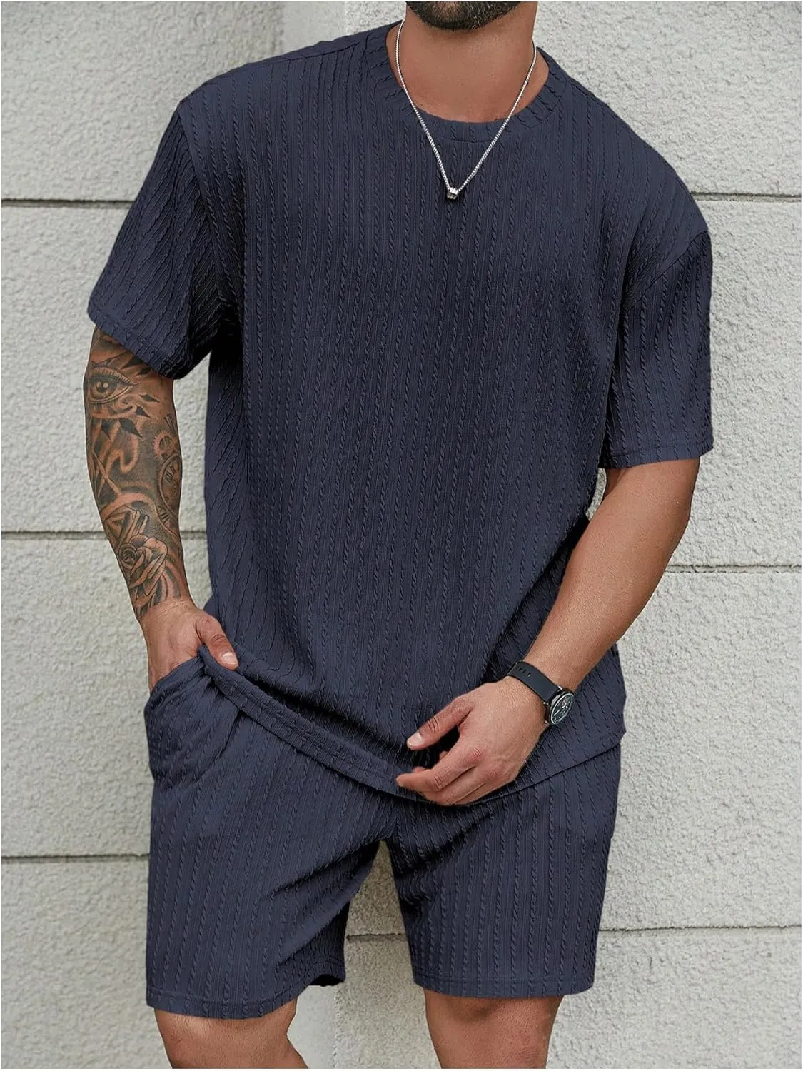 Men's 2 Piece Outfits Textured Drop Shoulder T Shirt and Short Sets Summer Outfits Tracksuit