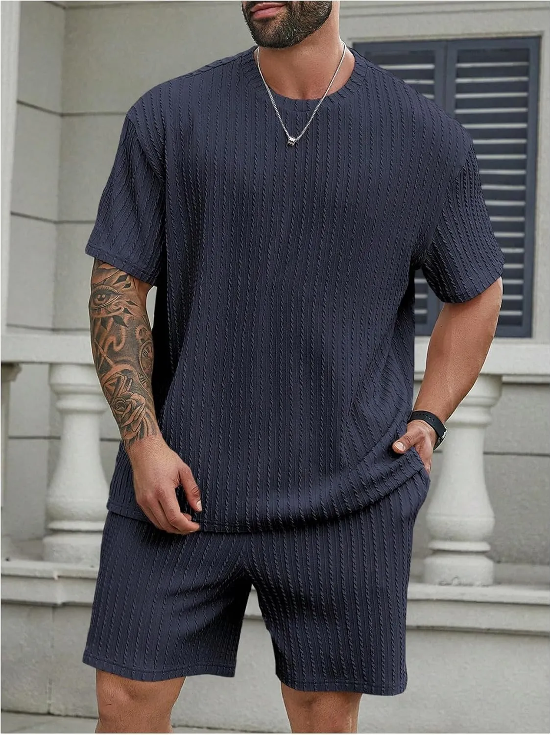 Men's 2 Piece Outfits Textured Drop Shoulder T Shirt and Short Sets Summer Outfits Tracksuit