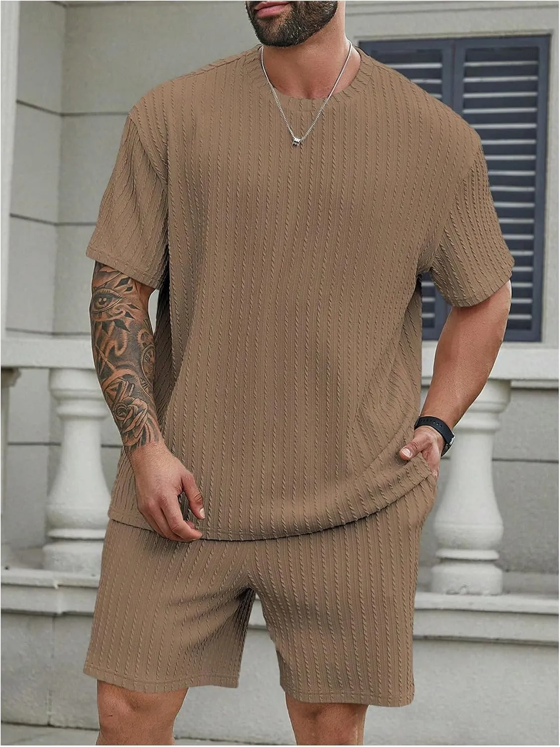 Men's 2 Piece Outfits Textured Drop Shoulder T Shirt and Short Sets Summer Outfits Tracksuit