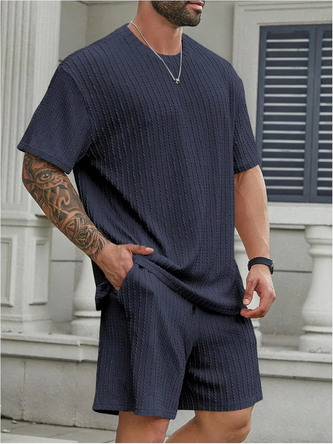 Men's 2 Piece Outfits Textured Drop Shoulder T Shirt and Short Sets Summer Outfits Tracksuit