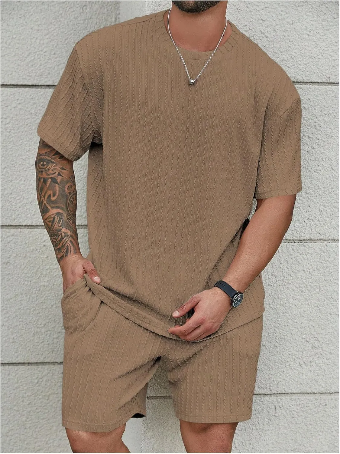 Men's 2 Piece Outfits Textured Drop Shoulder T Shirt and Short Sets Summer Outfits Tracksuit