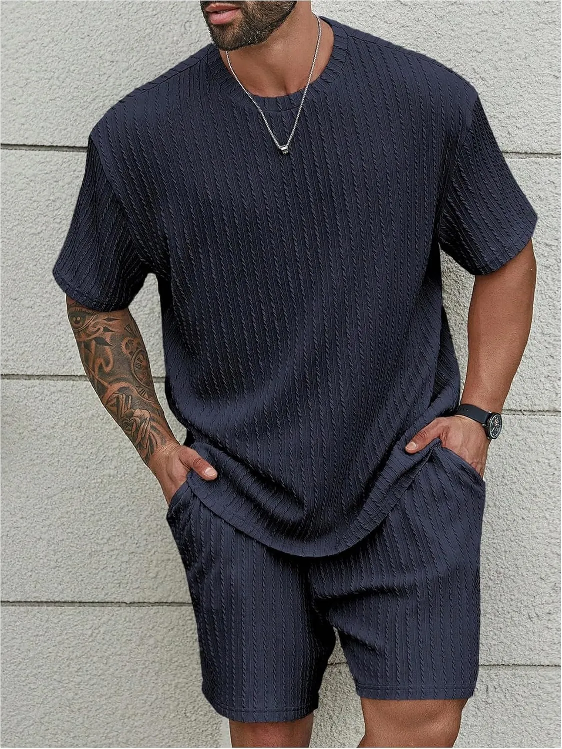 Men's 2 Piece Outfits Textured Drop Shoulder T Shirt and Short Sets Summer Outfits Tracksuit