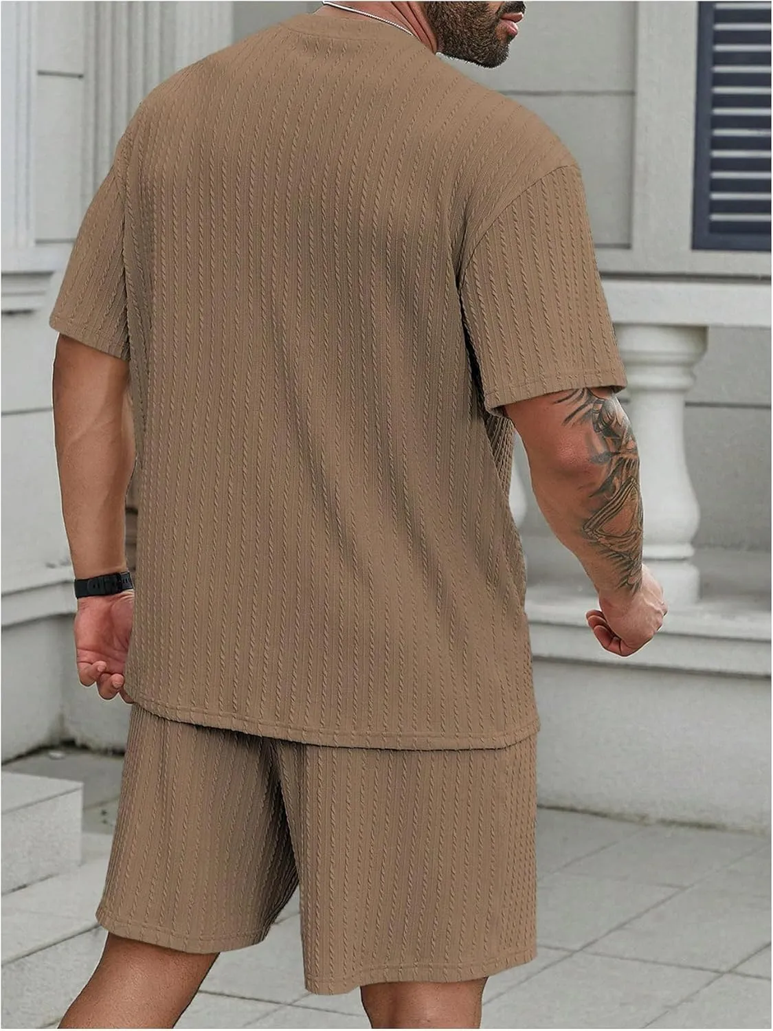 Men's 2 Piece Outfits Textured Drop Shoulder T Shirt and Short Sets Summer Outfits Tracksuit