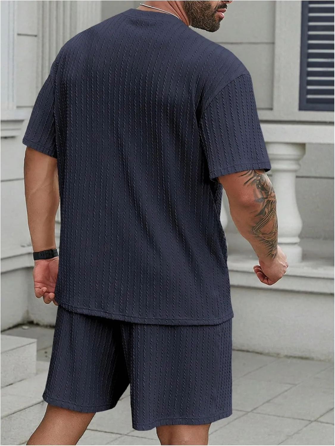 Men's 2 Piece Outfits Textured Drop Shoulder T Shirt and Short Sets Summer Outfits Tracksuit