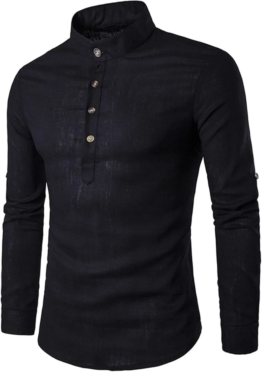 Men's Henley Linen Long Sleeve Shirts Casual Button-Down Shirts Roll-Up Slim Fit Tee Top