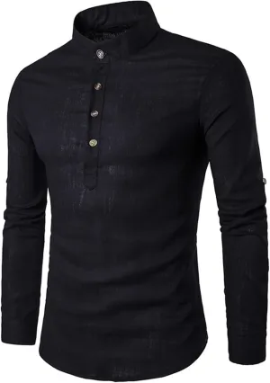 Men's Henley Linen Long Sleeve Shirts Casual Button-Down Shirts Roll-Up Slim Fit Tee Top