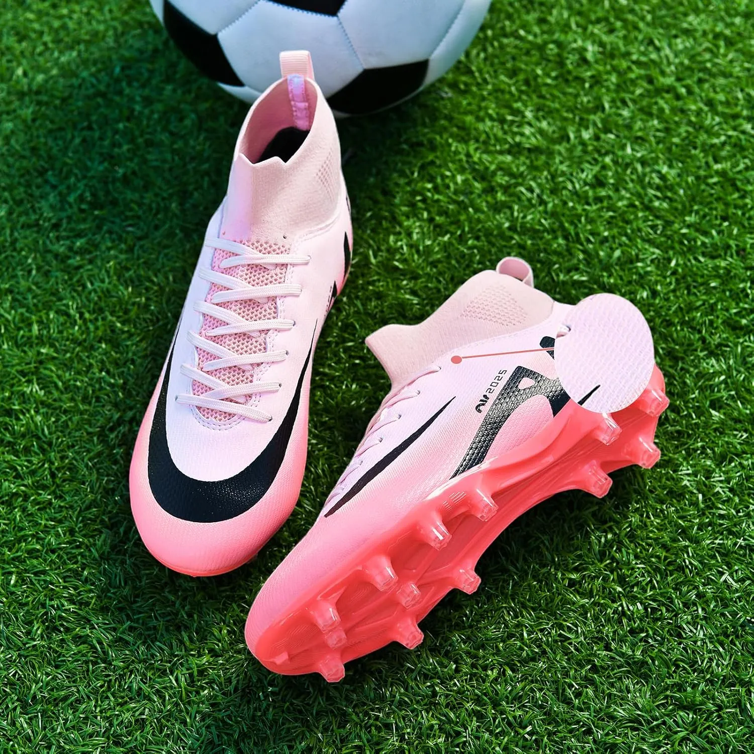 Mens High-Top Soccer Cleats Womens Turf Football Shoes Boys Girls Lightweight Youth Professional Indoor Outdoor AG Black Purple Pink