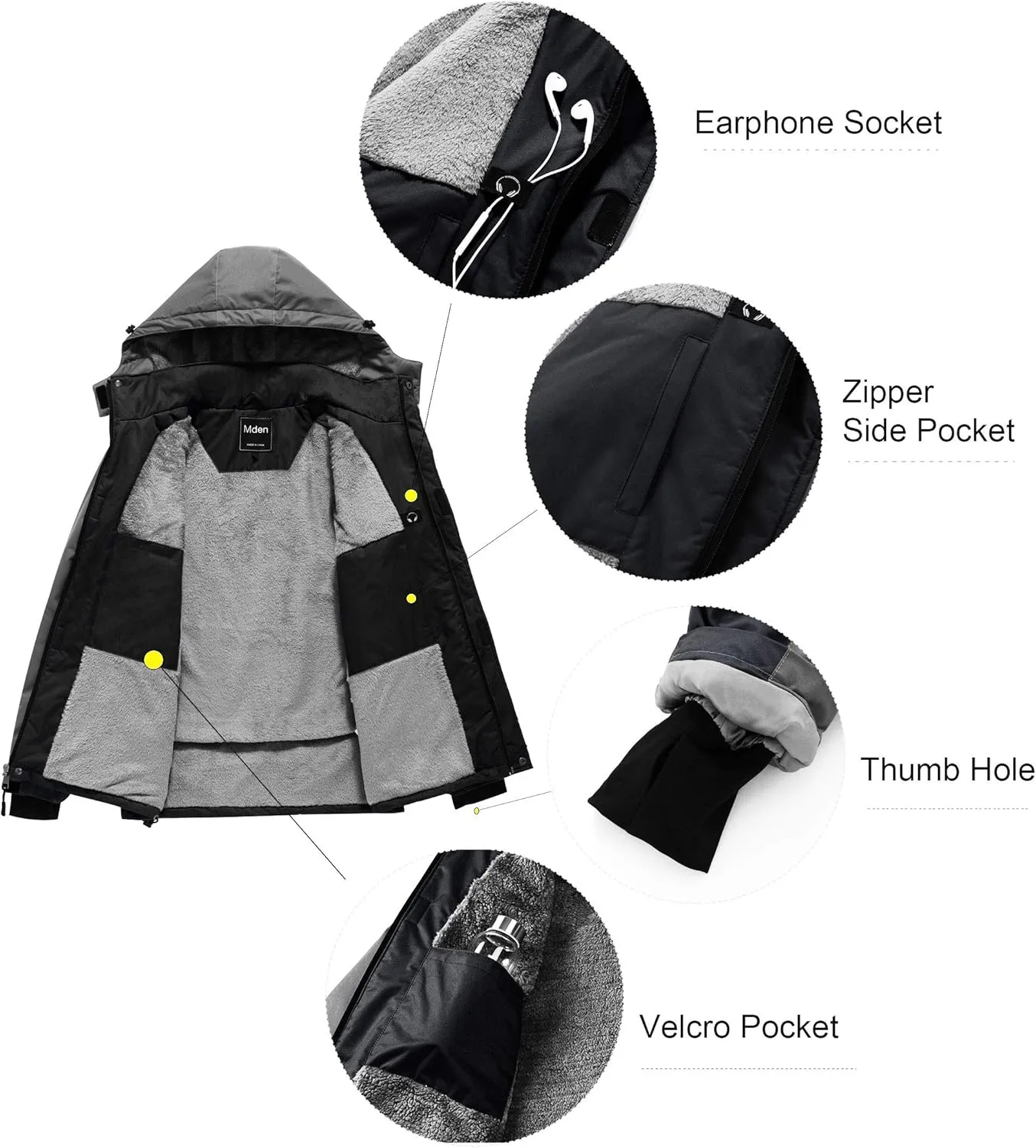 Men's Mountain Waterproof Ski Jacket Windproof Rain Jacket Fleece Snow Winter Coat