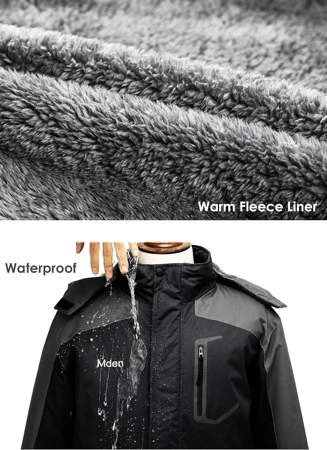 Men's Mountain Waterproof Ski Jacket Windproof Rain Jacket Fleece Snow Winter Coat