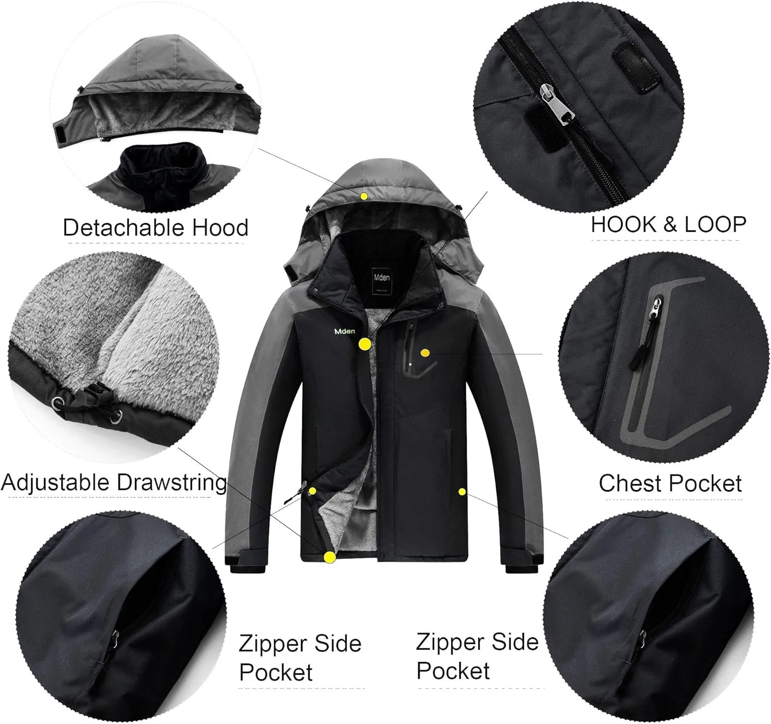 Men's Mountain Waterproof Ski Jacket Windproof Rain Jacket Fleece Snow Winter Coat