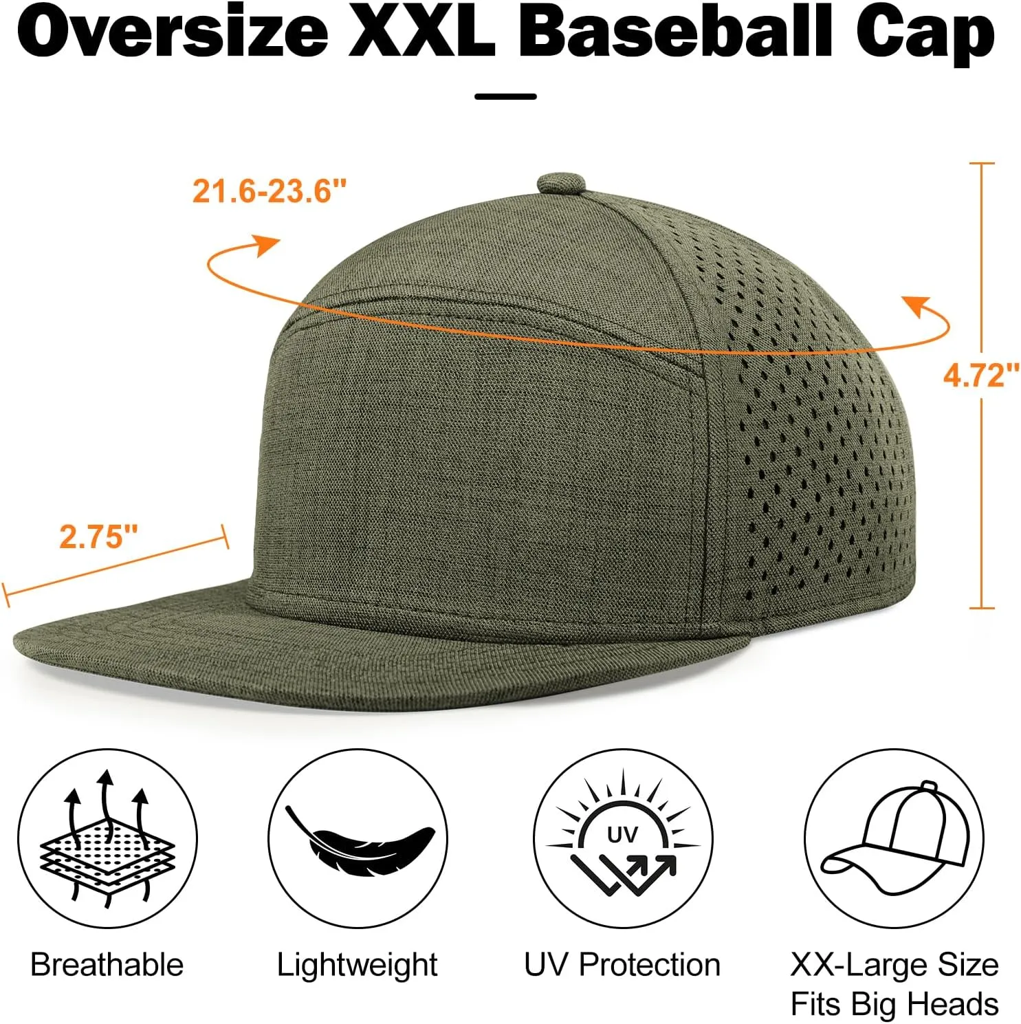 Men's Oversize XXL Flat Brim Baseball Cap Adjustable Performance Snapback Hat Laser Perforated Cap Plus Size for Big Head