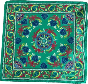 MEN'S PURPLE LABEL BRIGHT GREEN MULTI PAISLEY ITALIAN SILK HAND ROLLED POCKET SQUARE 14.5X15 IN
