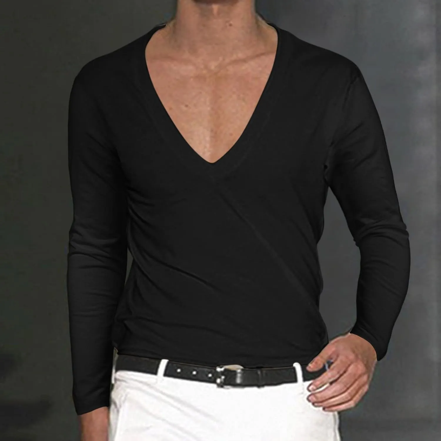 Men's Summer Shirts Long Sleeve Solid Color V Neck Blouse Solid Color Leisure Style Sport Pants Fresh Trendy Tee