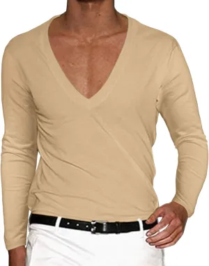 Men's Summer Shirts Long Sleeve Solid Color V Neck Blouse Solid Color Leisure Style Sport Pants Fresh Trendy Tee