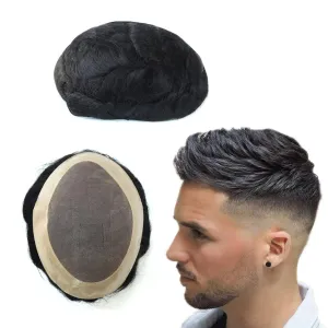 Mens Toupee, Human Hair Replacement System, Real Hair System Hair Piece, Fine Mono NPU Black Hair Unit 8x11#1B