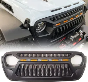 Mesh Grille Front Grill Cover Matte Black with Amber LED Running Lights for 2018 and Up Jeep Wrangler JL JLU JT Gladiator Accessories