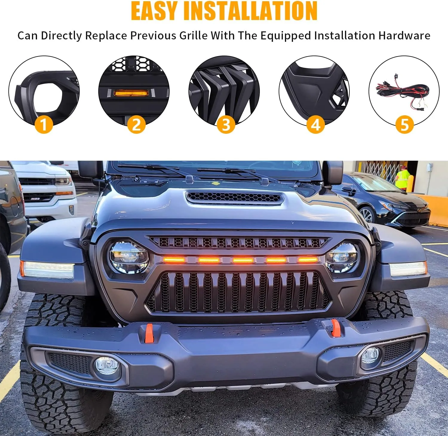 Mesh Grille Front Grill Cover Matte Black with Amber LED Running Lights for 2018 and Up Jeep Wrangler JL JLU JT Gladiator Accessories