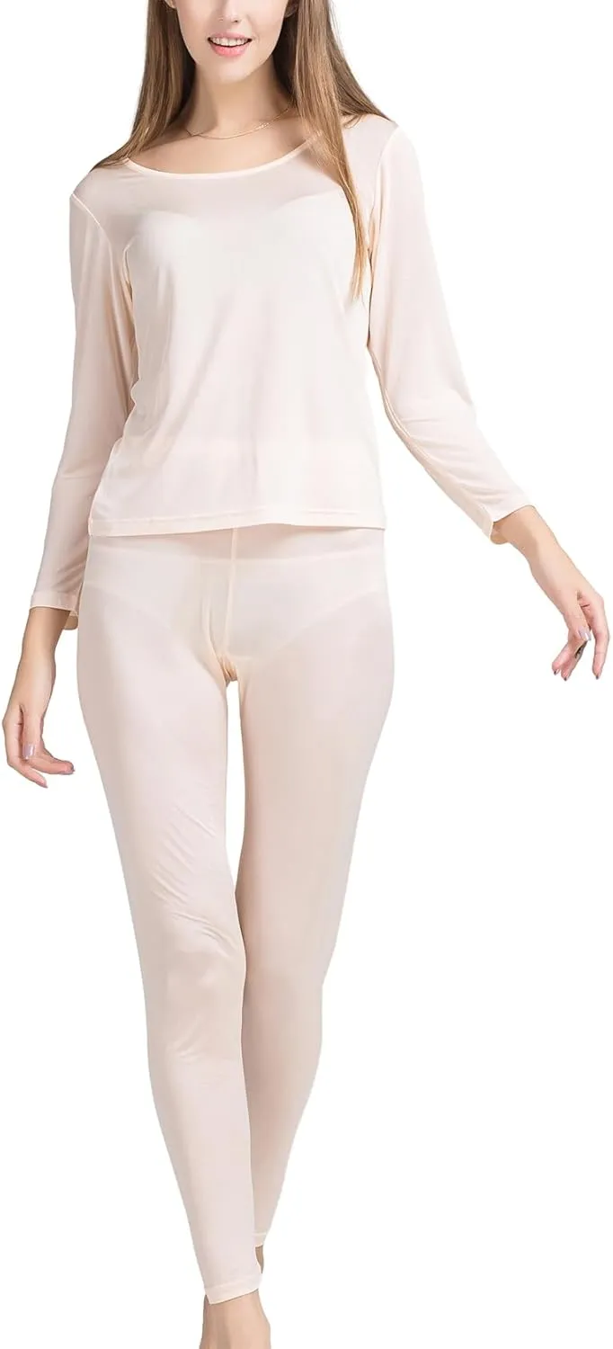 METWAY Women's Silk Long Johns Mulberry Silk Long Underwear Silk Thermal Underwear Sets Winter Silk Base Layer