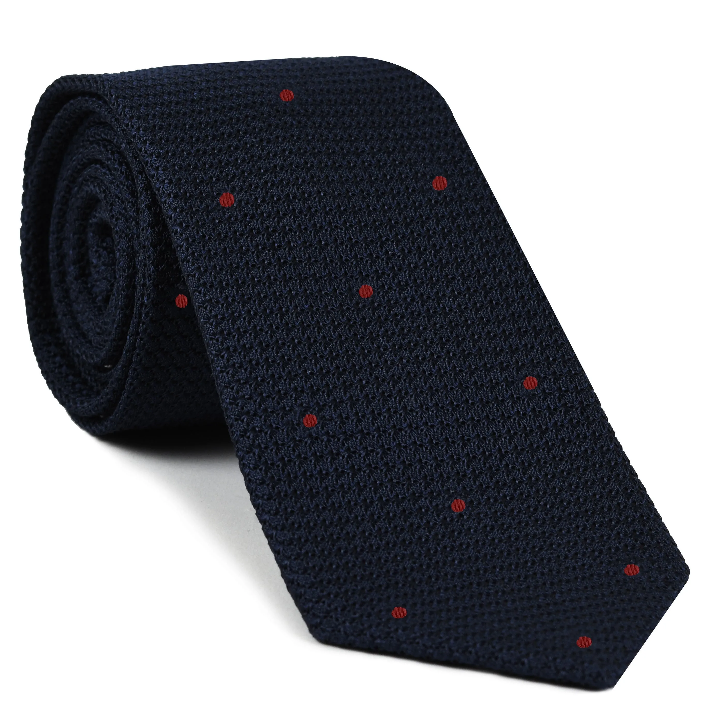 Midnight Blue Grenadine Grossa with Red (Hand Sewn) Pin Dots Silk Tie #GGDT-8(8)