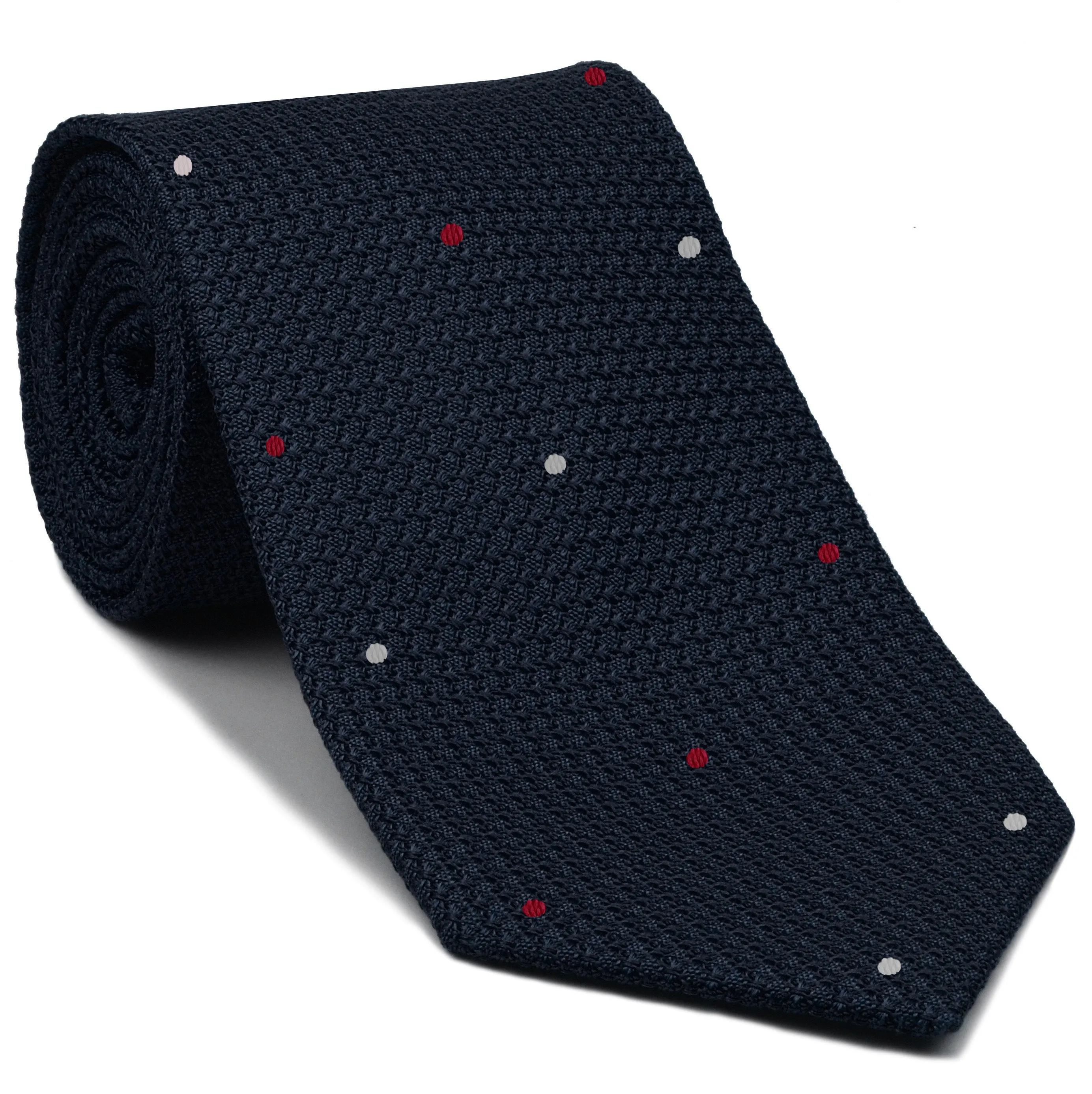 Midnight Blue Grenadine Grossa with White & Bright Red (1,7) - Hand Sewn Pin Dots Silk Tie #GGDT-8