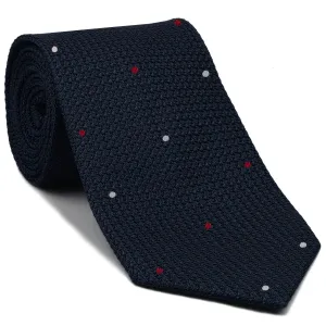 Midnight Blue Grenadine Grossa with White & Bright Red (1,7) - Hand Sewn Pin Dots Silk Tie #GGDT-8