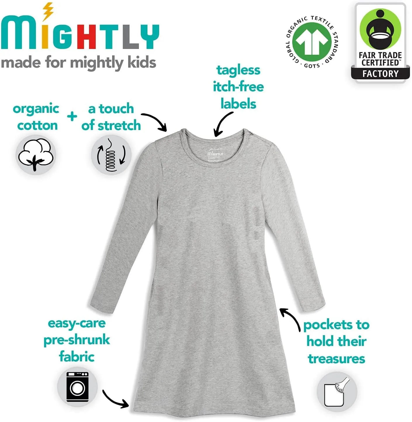 Mightly Girls' Basic Long Sleeve T-Shirt Dress | 95% Organic Cotton, Colorful T-Shirt Dress for Kids, School, Parties & Play