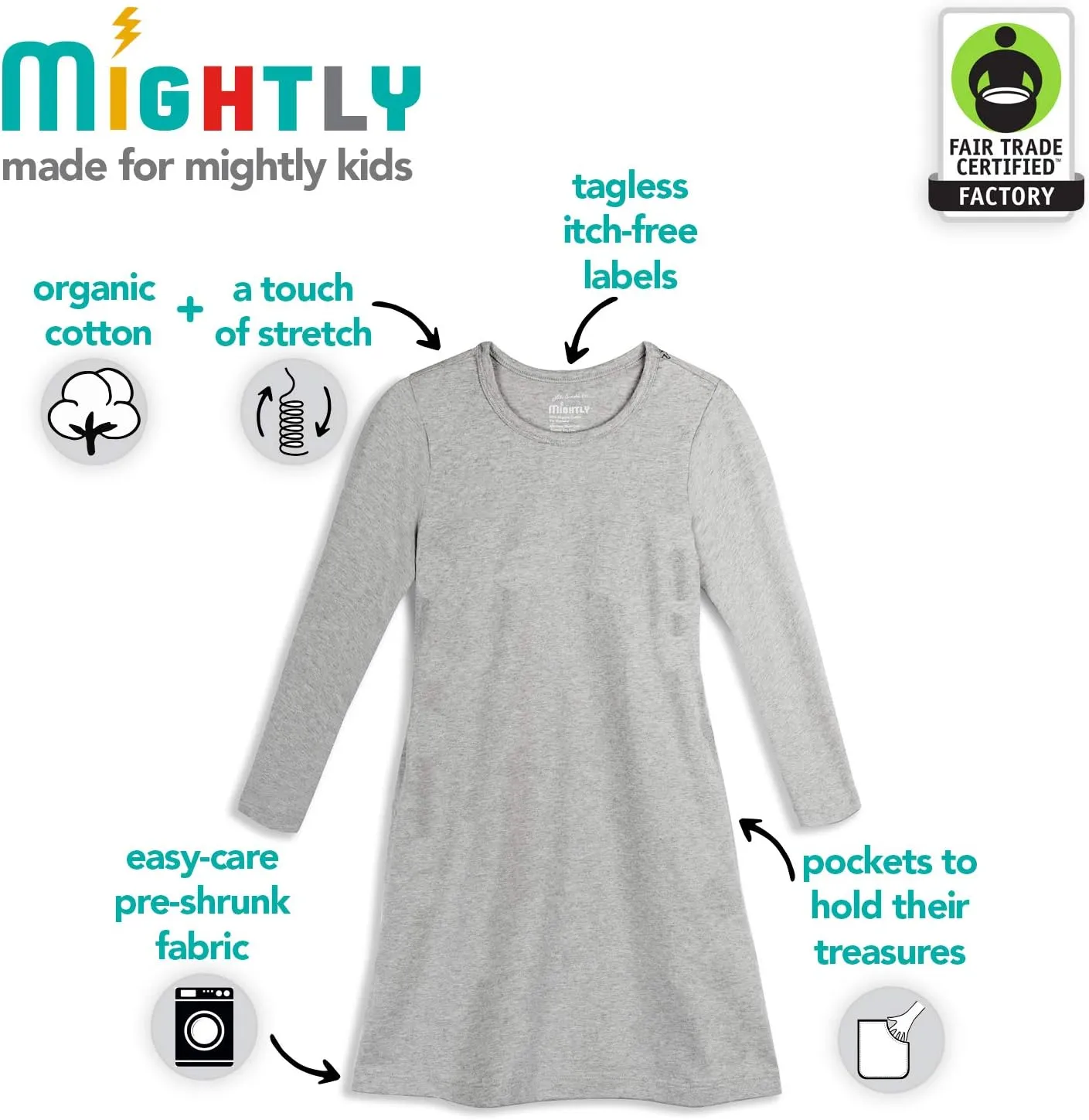 Mightly Girls' Basic Long Sleeve T-Shirt Dress | 95% Organic Cotton, Colorful T-Shirt Dress for Kids, School, Parties & Play