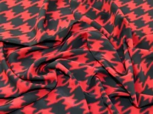 Minerva Crafts Italian Large Houndstooth Print 100% Silk Crepe Dress Fabric Black & Red - per Yard