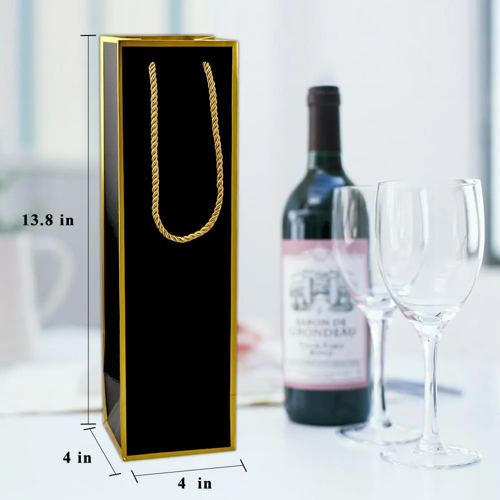 Miraclekoo Luxury Wine Gift Bags - Gold Foil Black Bags with Handles, 10 Pcs (4"x4"x13.8") for Whiskey/Liquor Wine Bottles