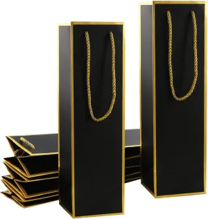 Miraclekoo Luxury Wine Gift Bags - Gold Foil Black Bags with Handles, 10 Pcs (4"x4"x13.8") for Whiskey/Liquor Wine Bottles