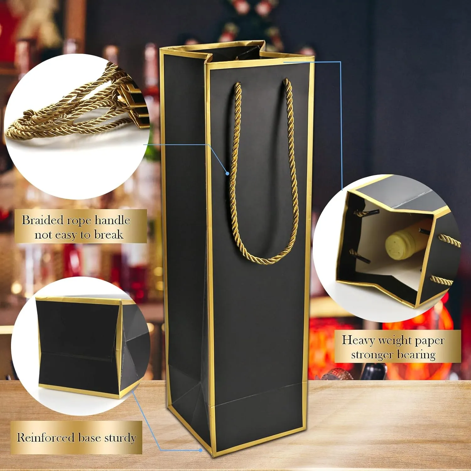 Miraclekoo Luxury Wine Gift Bags - Gold Foil Black Bags with Handles, 10 Pcs (4"x4"x13.8") for Whiskey/Liquor Wine Bottles