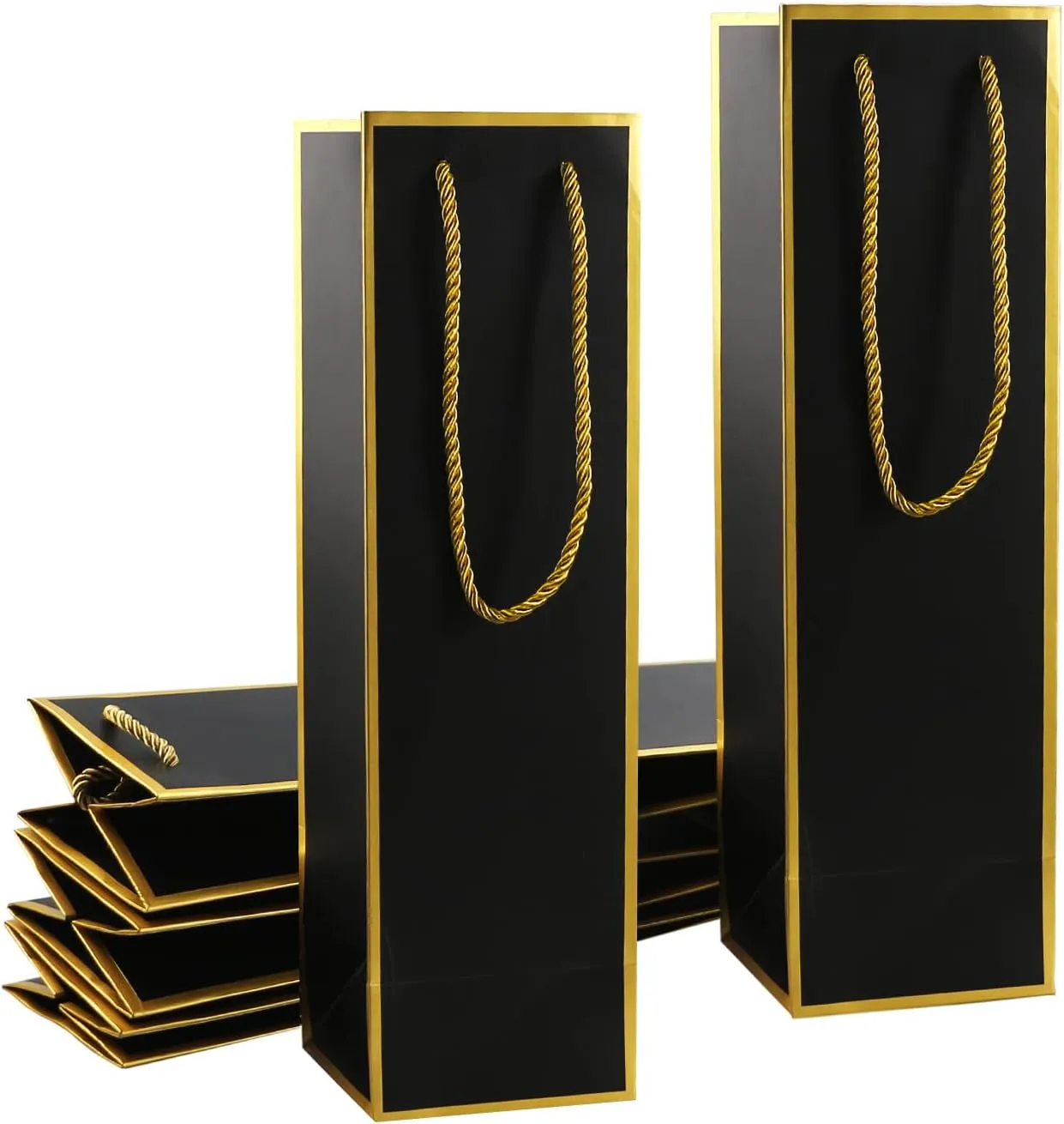 Miraclekoo Luxury Wine Gift Bags - Gold Foil Black Bags with Handles, 10 Pcs (4"x4"x13.8") for Whiskey/Liquor Wine Bottles
