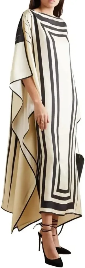 Modest Wear Women Soft Satin Silk Printed Kaftan,Kurta,Beach Party wear,Luxury Silk Caftan Silk top Regular wear Kaftan Fancy Dress (Black and White)