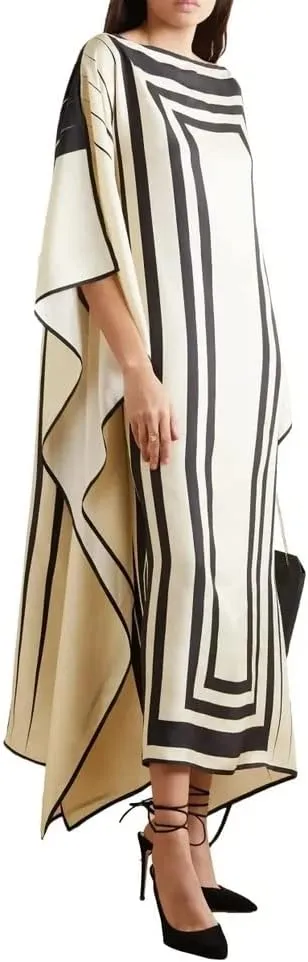 Modest Wear Women Soft Satin Silk Printed Kaftan,Kurta,Beach Party wear,Luxury Silk Caftan Silk top Regular wear Kaftan Fancy Dress (Black and White)