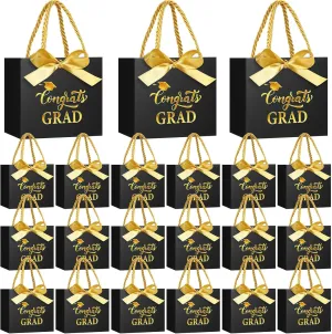 Moinchore 30 Pcs Black Gold Graduation Paper Gift Bags Bulk 5.5 x 4.7 x 2.5'' Mini 2025 Congrats Grad Favor Bags with Handles Bow Ribbon Wrap Graduation Day Party Supplies for College High School