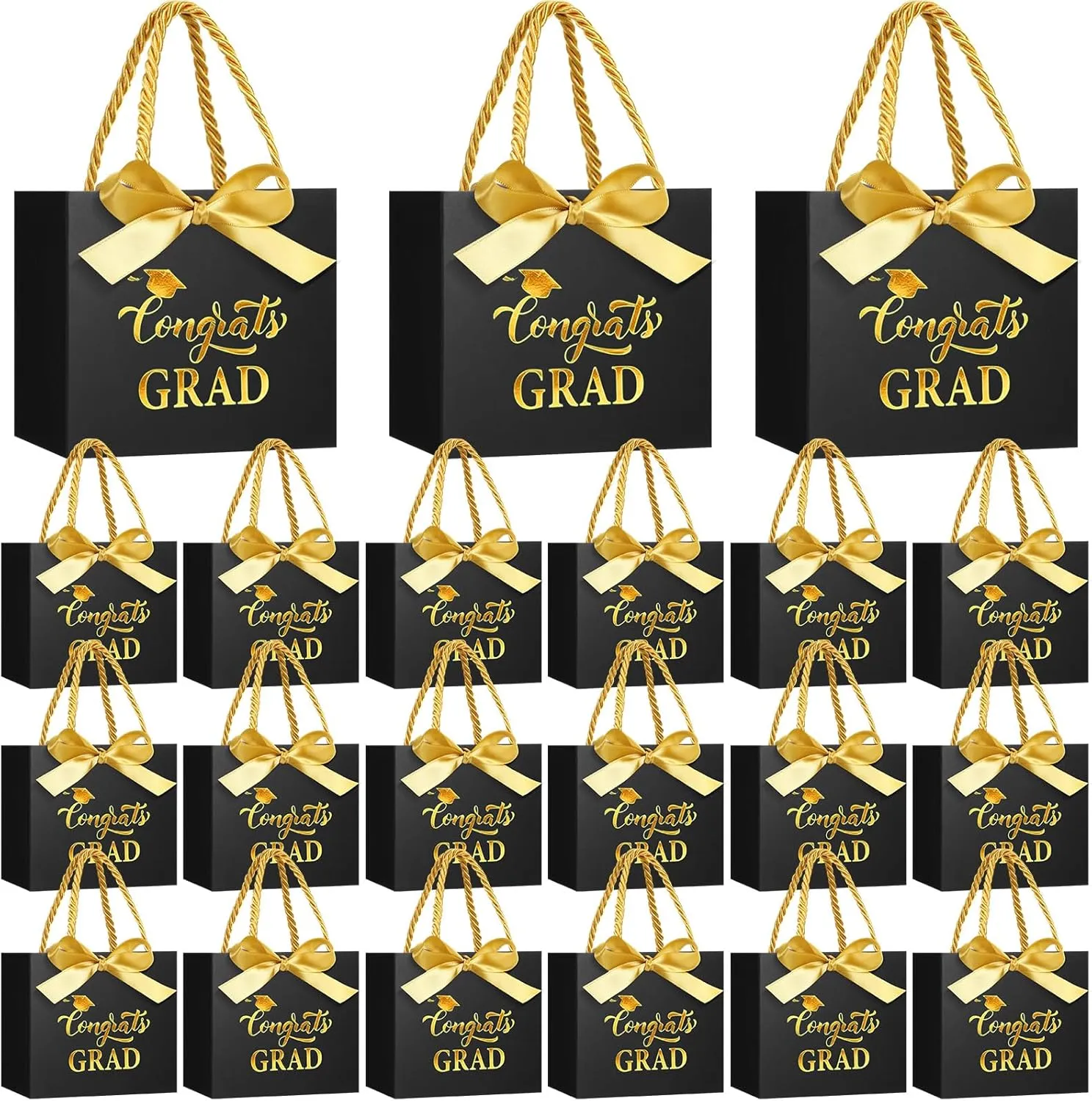 Moinchore 30 Pcs Black Gold Graduation Paper Gift Bags Bulk 5.5 x 4.7 x 2.5'' Mini 2025 Congrats Grad Favor Bags with Handles Bow Ribbon Wrap Graduation Day Party Supplies for College High School