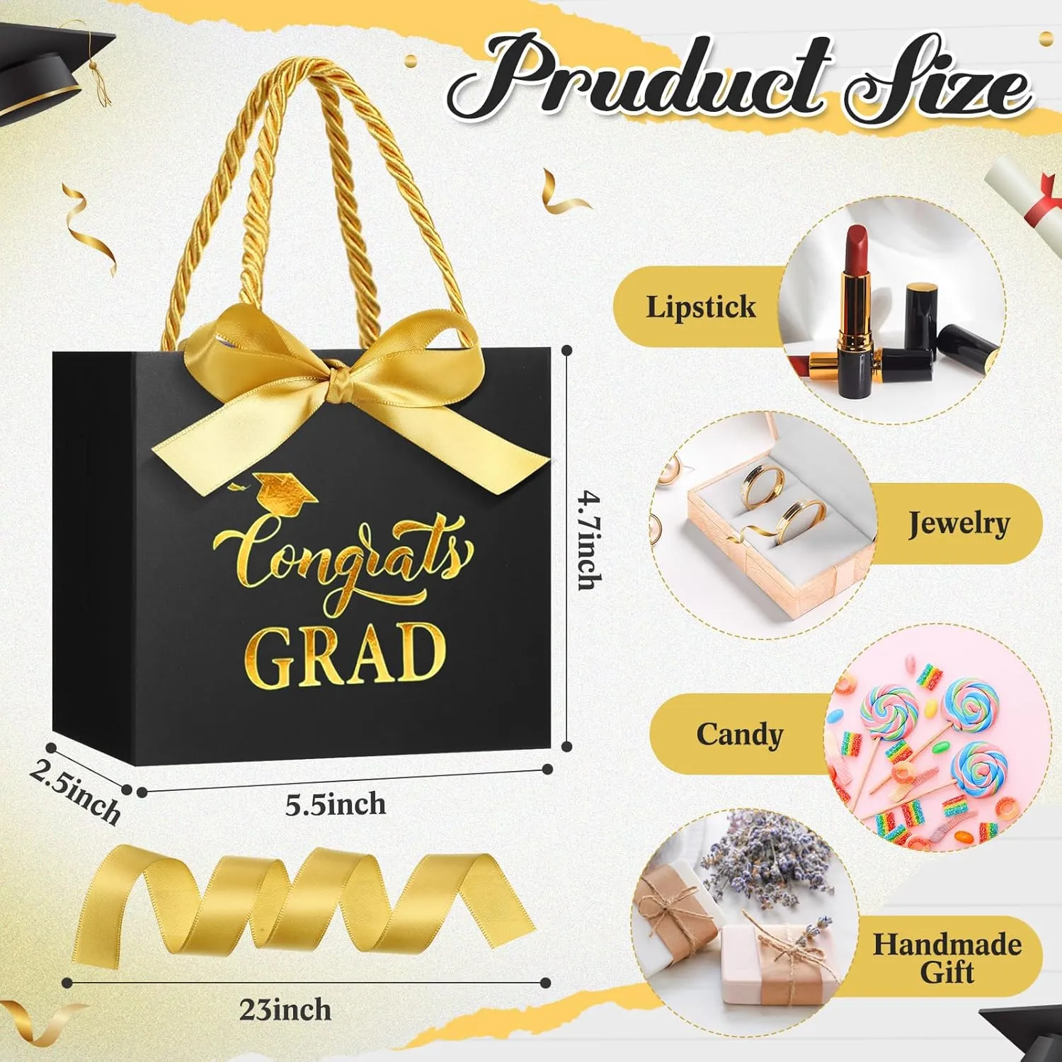 Moinchore 30 Pcs Black Gold Graduation Paper Gift Bags Bulk 5.5 x 4.7 x 2.5'' Mini 2025 Congrats Grad Favor Bags with Handles Bow Ribbon Wrap Graduation Day Party Supplies for College High School