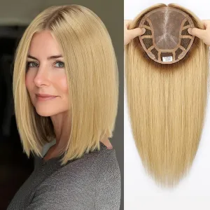 MONO TOP Hair Toppers for Women Human Hair 18 Inch 6"×7" Big Base Partial wig No Bangs Top Hair Pieces Natural Wiglets(Blonde Mixed Brown)
