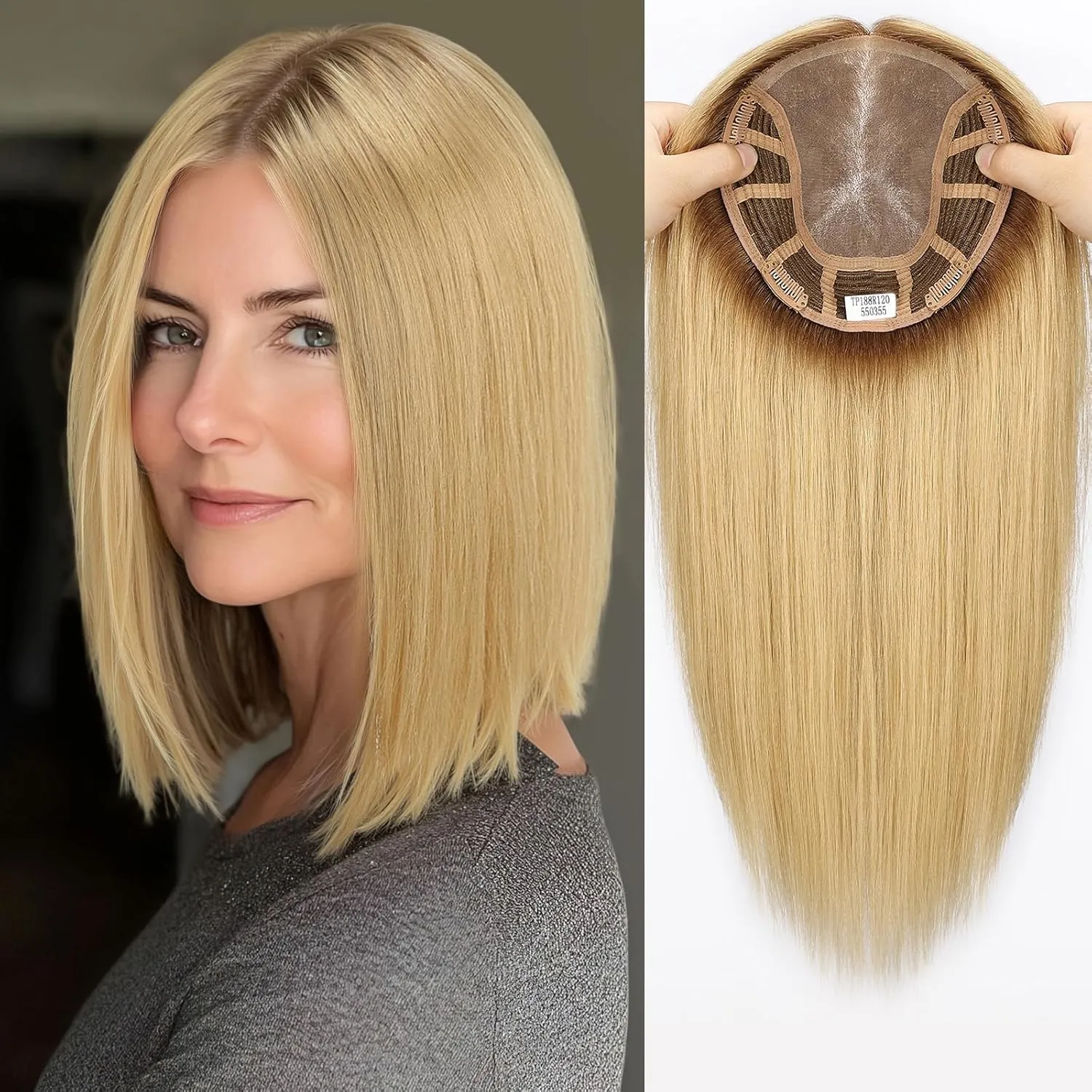MONO TOP Hair Toppers for Women Human Hair 18 Inch 6"×7" Big Base Partial wig No Bangs Top Hair Pieces Natural Wiglets(Blonde Mixed Brown)