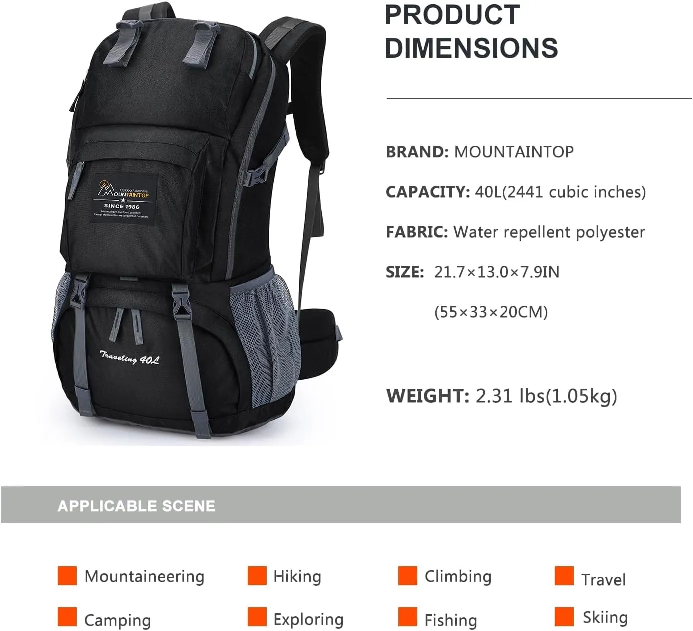 MOUNTAINTOP 40L Hiking Backpack Lightweight Travel Backpack for Men&Women Outdoor Camping Backpacking