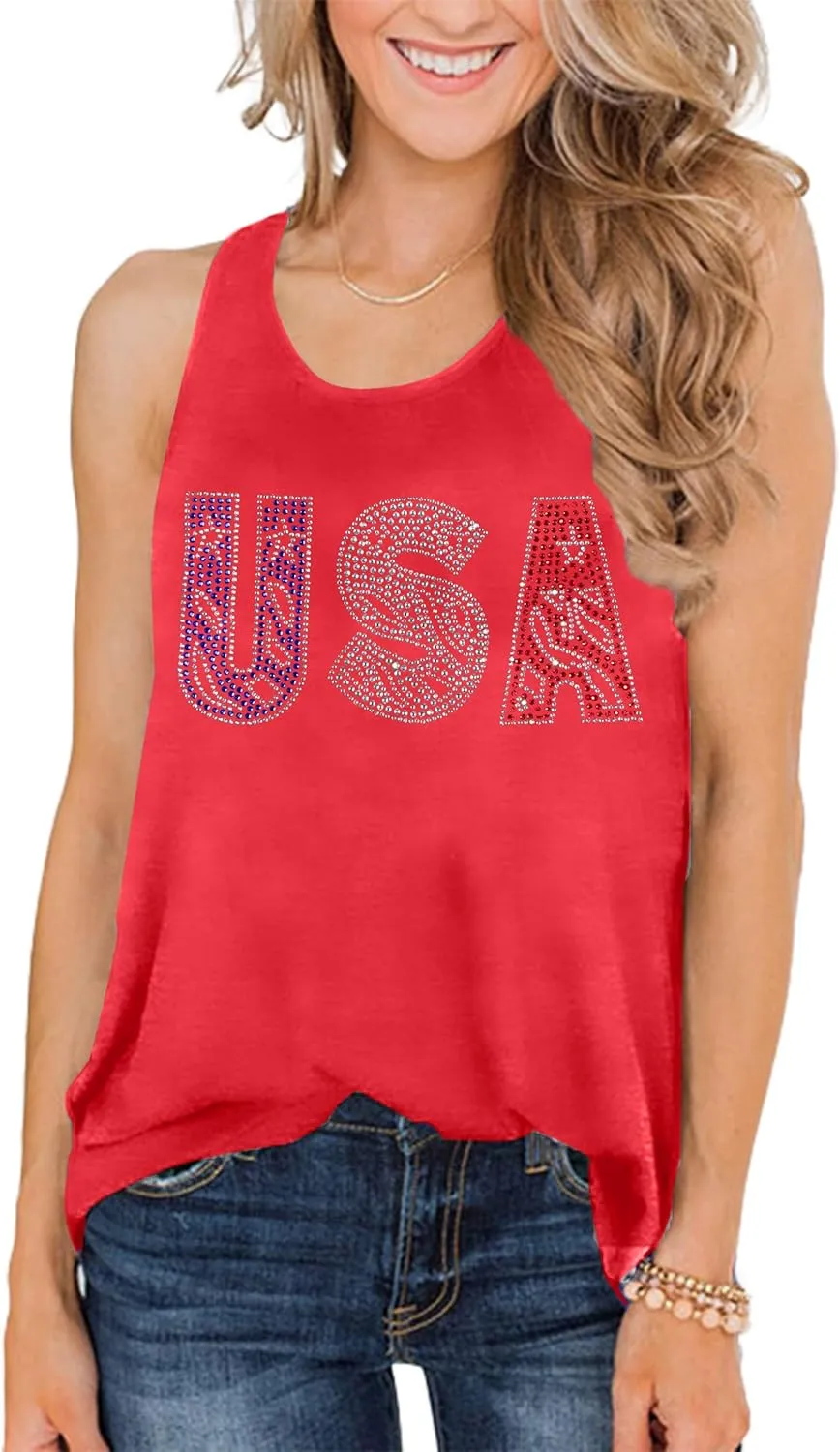 MOUSYA USA Sequin Tank Top Woman Sparkly American Flag Sleeveless Tee Glitter Patriotic Shirts Bling 4th of July Vest Tops