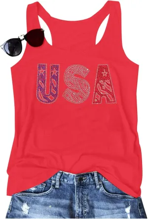 MOUSYA USA Sequin Tank Top Woman Sparkly American Flag Sleeveless Tee Glitter Patriotic Shirts Bling 4th of July Vest Tops