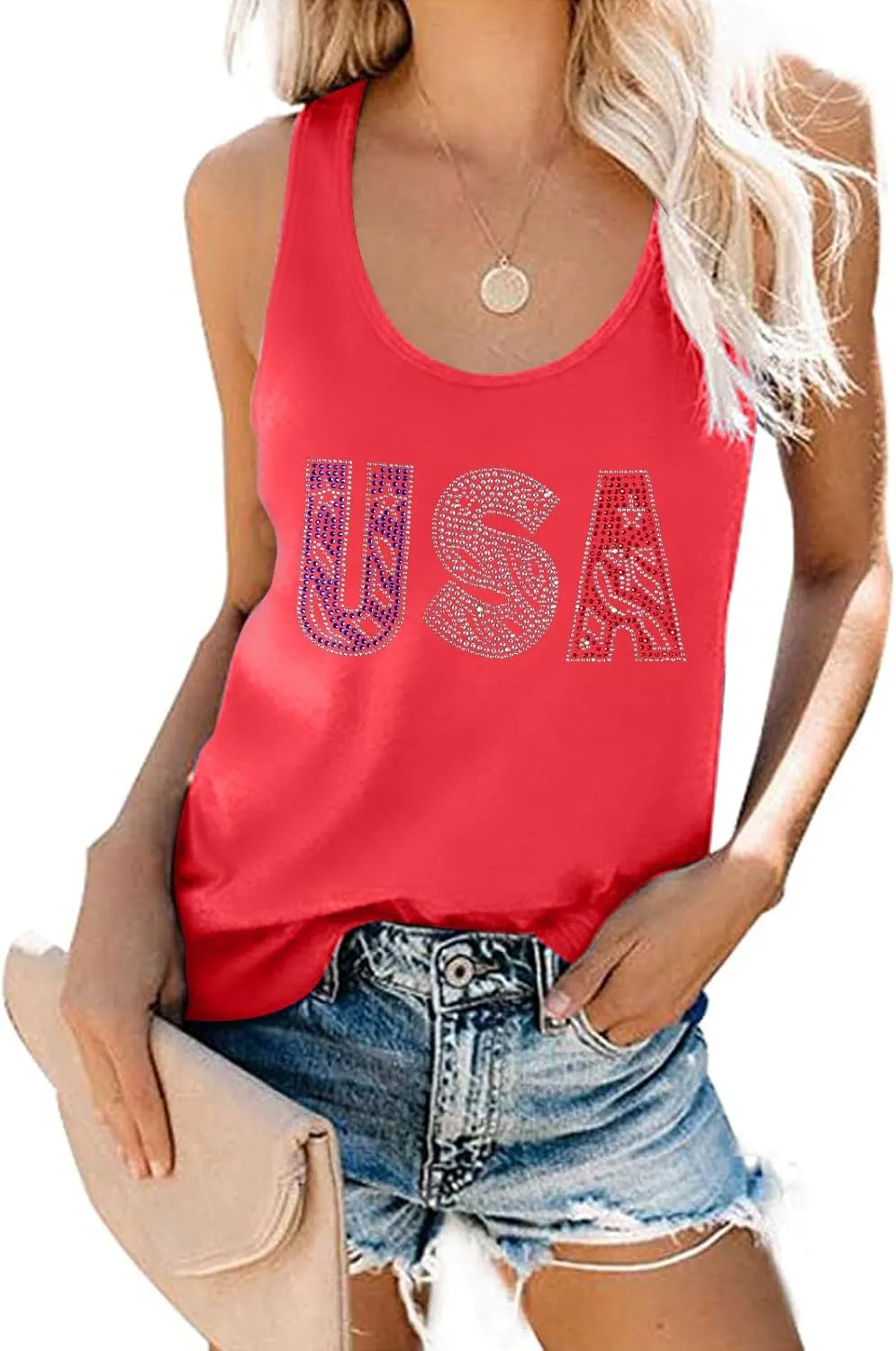 MOUSYA USA Sequin Tank Top Woman Sparkly American Flag Sleeveless Tee Glitter Patriotic Shirts Bling 4th of July Vest Tops
