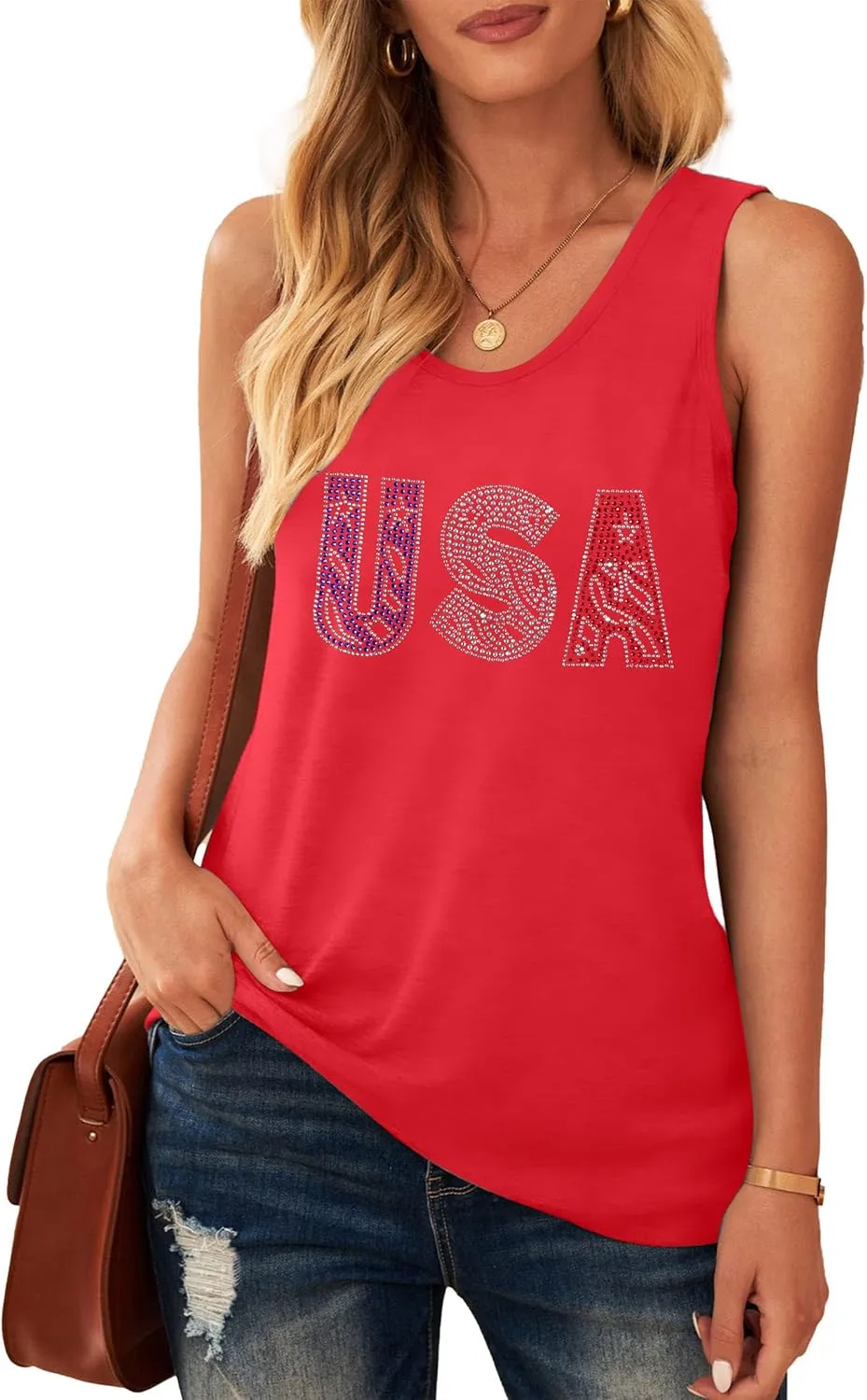 MOUSYA USA Sequin Tank Top Woman Sparkly American Flag Sleeveless Tee Glitter Patriotic Shirts Bling 4th of July Vest Tops