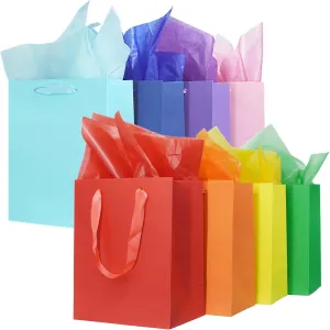 MOXARYSU 8 Pcs Medium Gift Bags With Handles: 8x5x10 Rainbow Colour Gift Bags Kraft Paper Party Favor Bags With 16 Tissues For Party,Birthday,Baby Shower,Wedding（8 Colors）