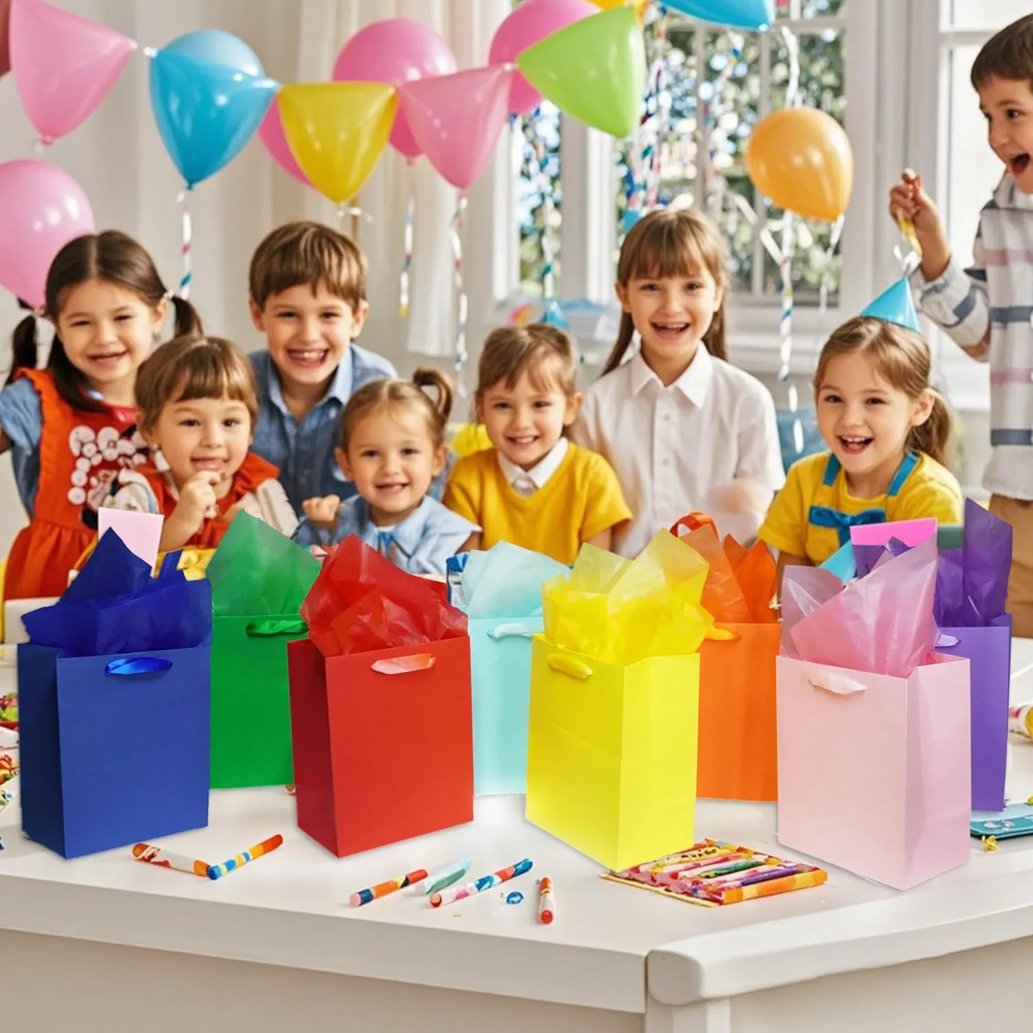 MOXARYSU 8 Pcs Medium Gift Bags With Handles: 8x5x10 Rainbow Colour Gift Bags Kraft Paper Party Favor Bags With 16 Tissues For Party,Birthday,Baby Shower,Wedding（8 Colors）
