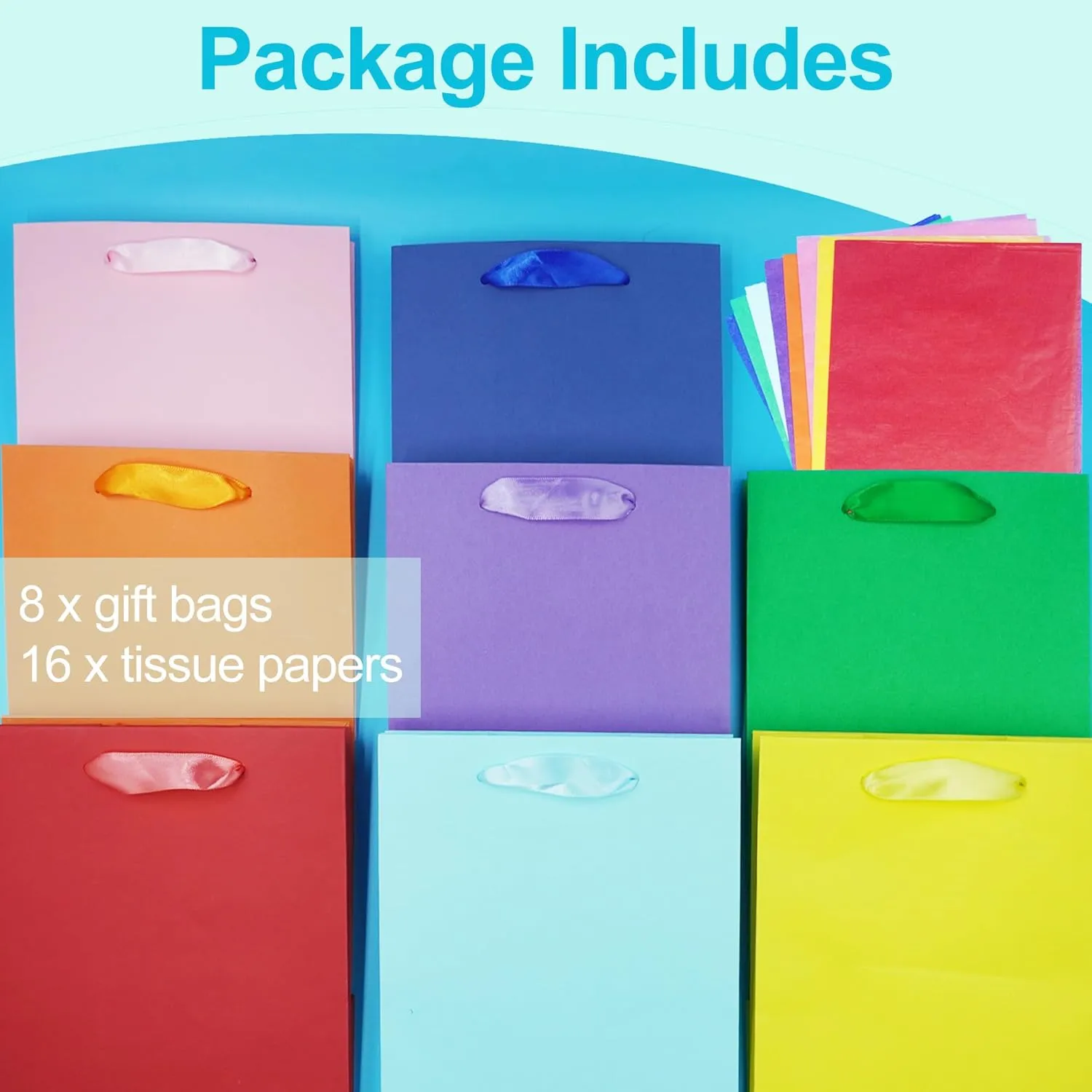 MOXARYSU 8 Pcs Medium Gift Bags With Handles: 8x5x10 Rainbow Colour Gift Bags Kraft Paper Party Favor Bags With 16 Tissues For Party,Birthday,Baby Shower,Wedding（8 Colors）