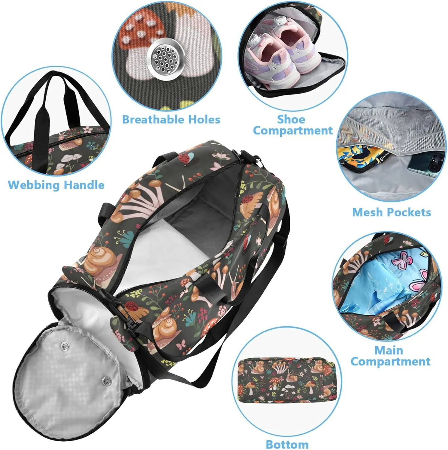 Mushroom with Snails Duffel Gym Bags with Shoes Compartment Multifunctional Weekend Travel Bag for Travel, Sports, Fitness & Workout
