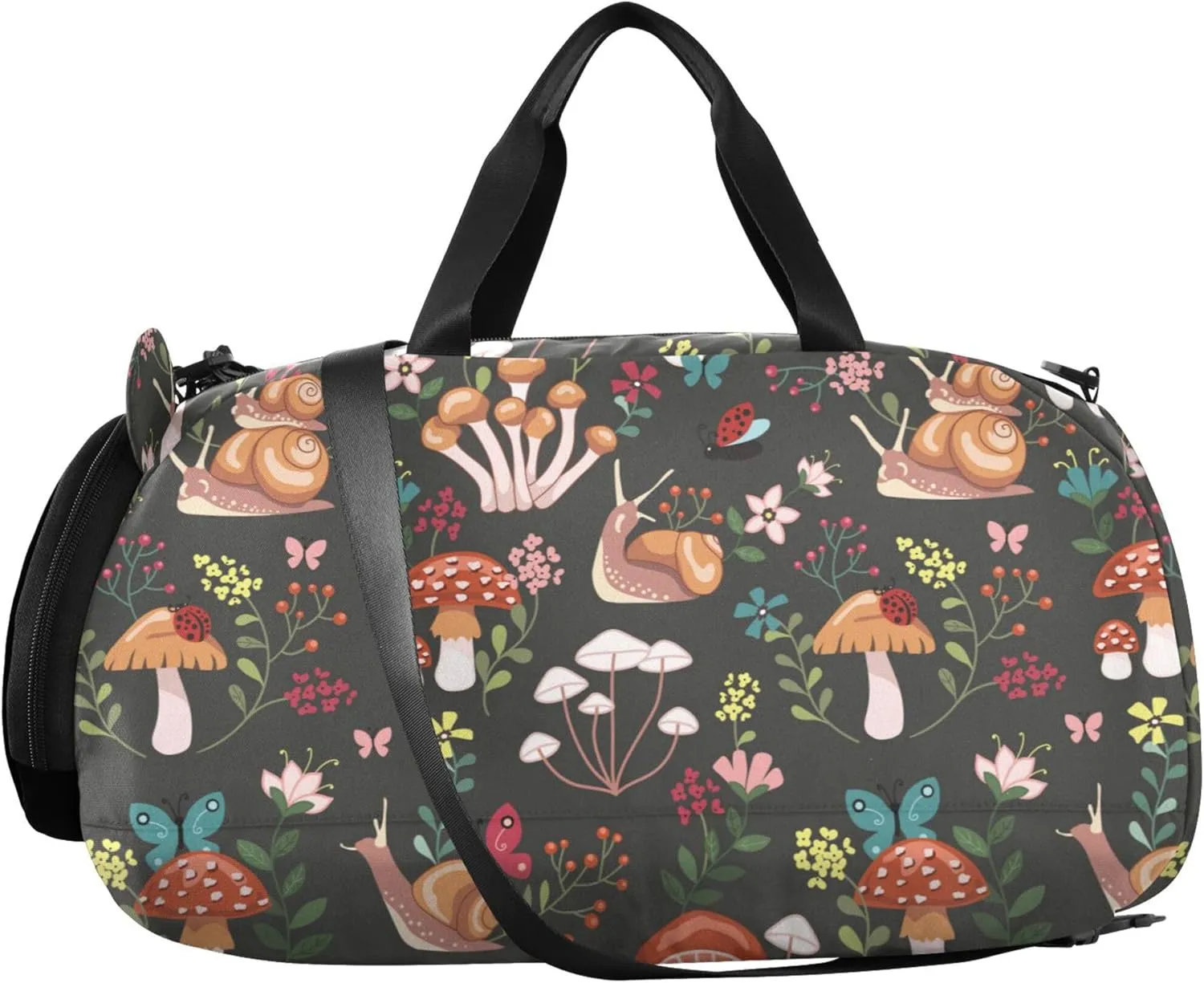 Mushroom with Snails Duffel Gym Bags with Shoes Compartment Multifunctional Weekend Travel Bag for Travel, Sports, Fitness & Workout